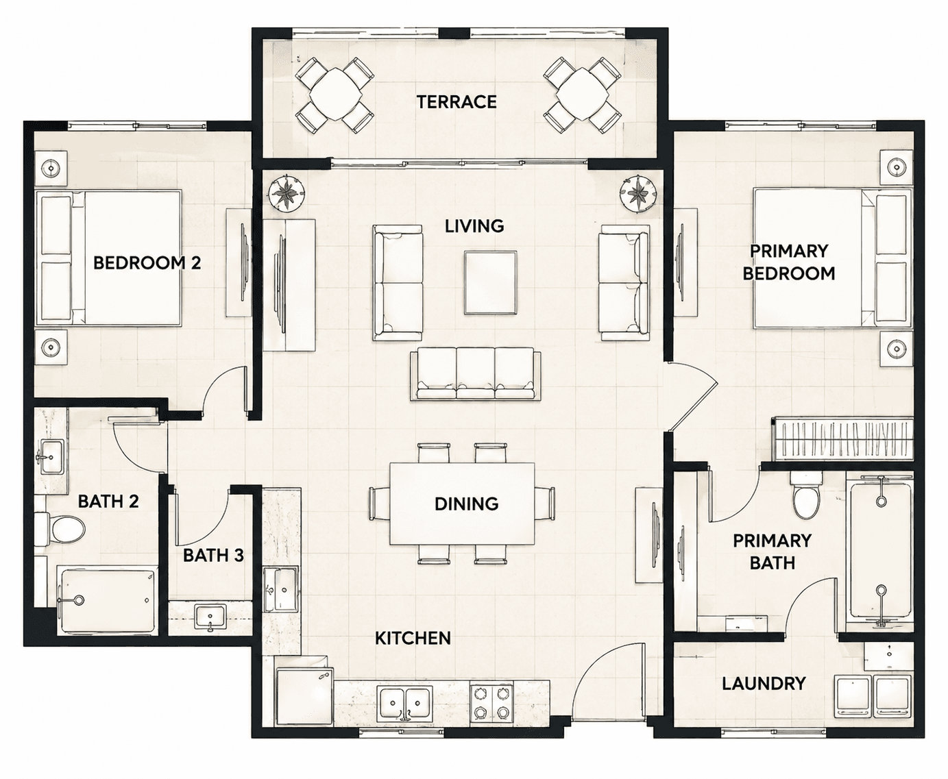 Sample two-bedroom floor plan diagram for Costa Kino Residences.