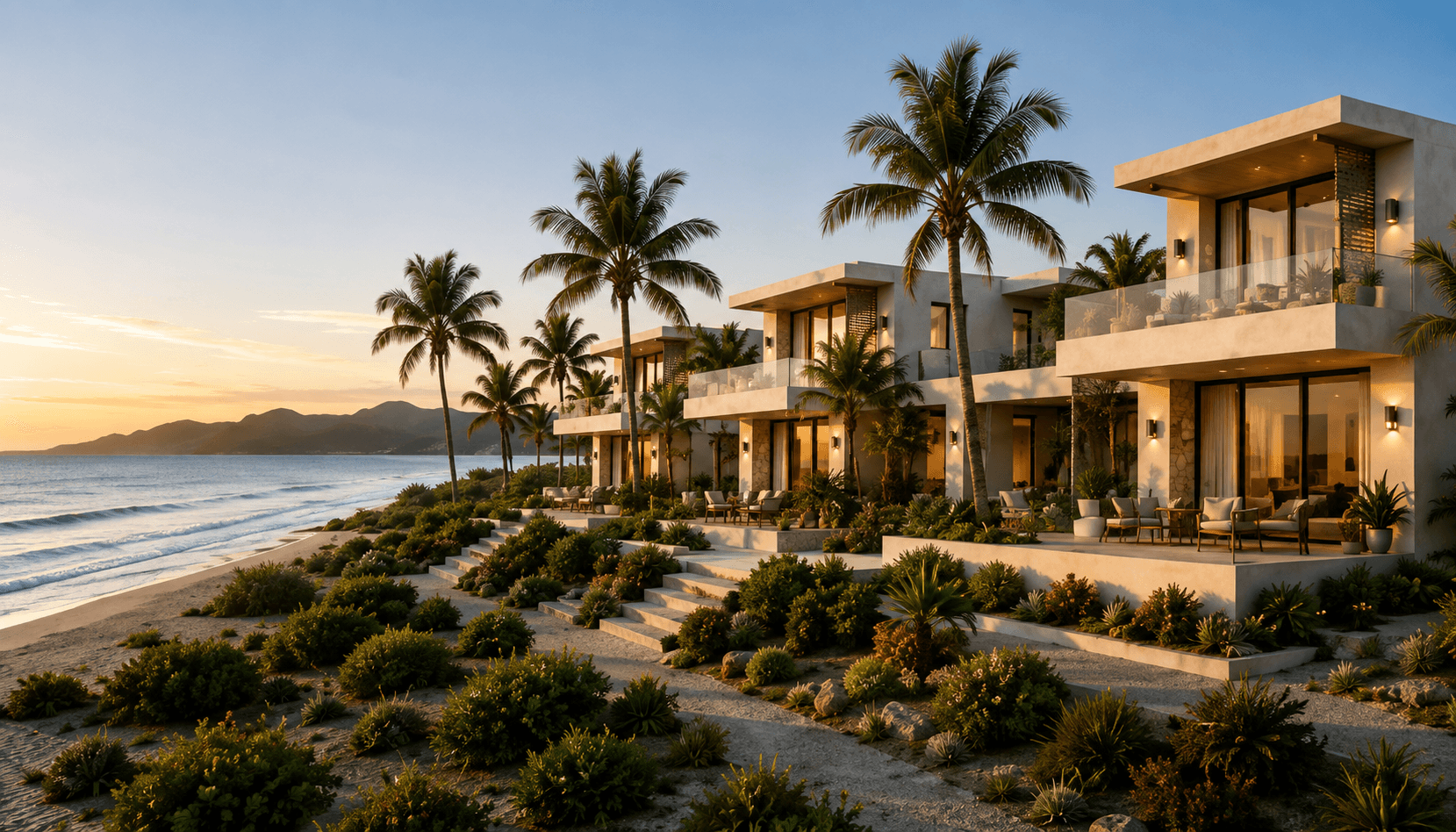Twilight view of a concept beachfront development, Costa Kino Residences, in Bahía de Kino.