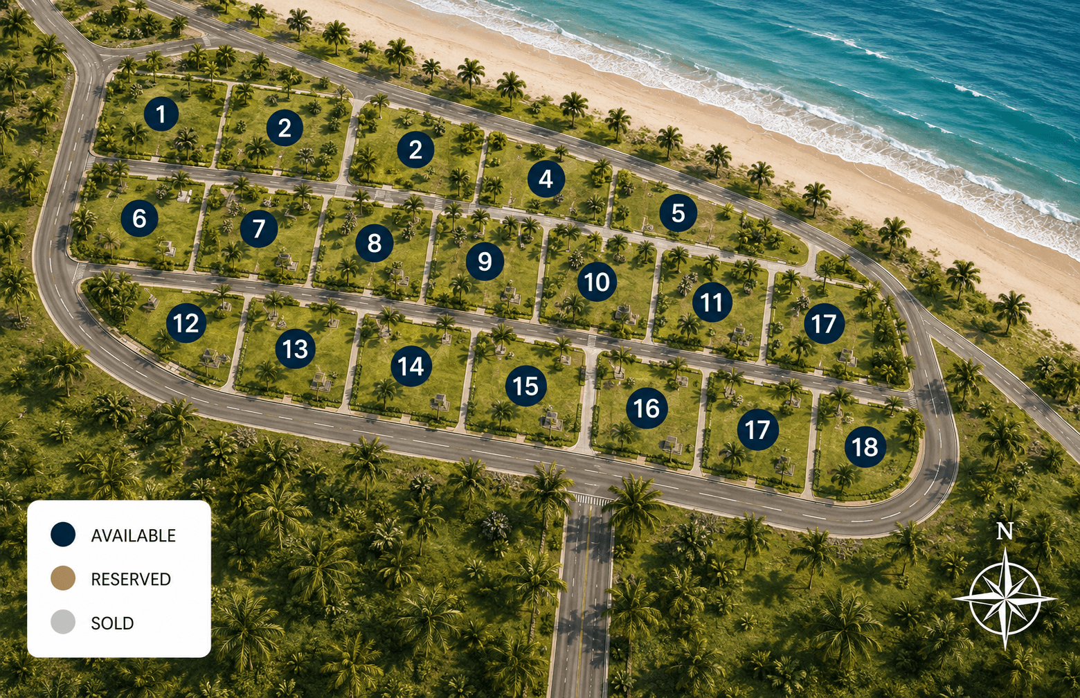 Illustrative site plan for Costa Kino Residences showing numbered lots and availability status.