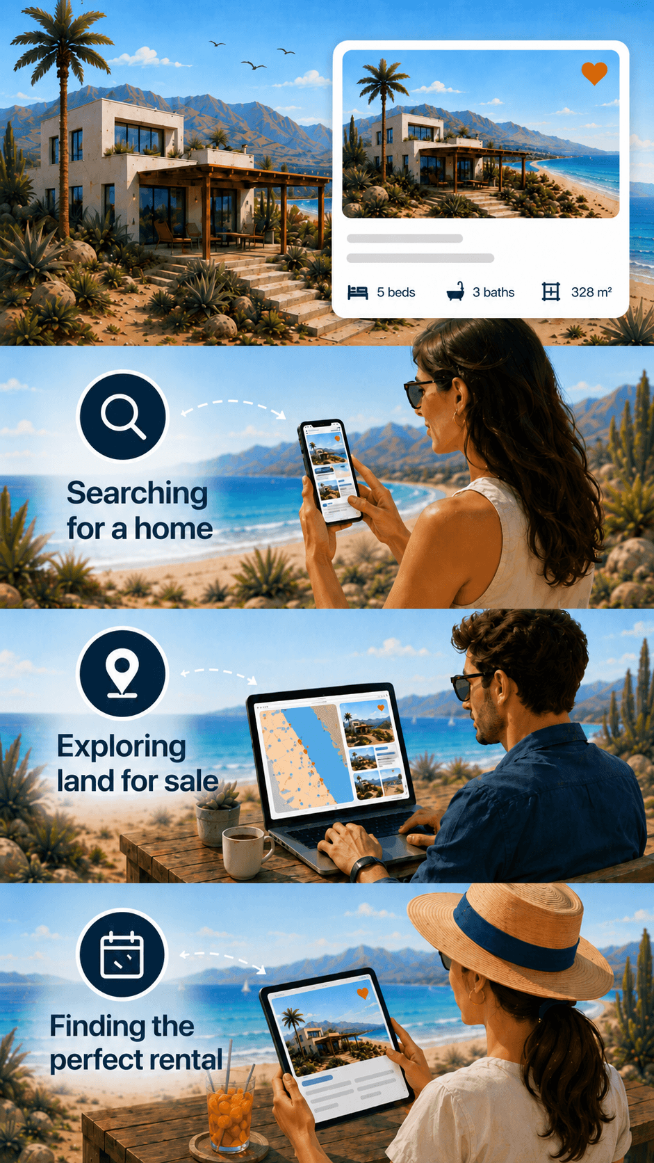 Illustration of people in Bahía de Kino searching for a home, land, and a rental online.